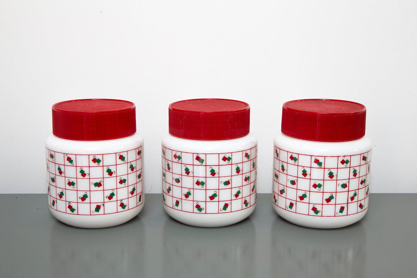 Set of 3 Retro Arcopal White Milk Glass Patterned Storage Jars Containers