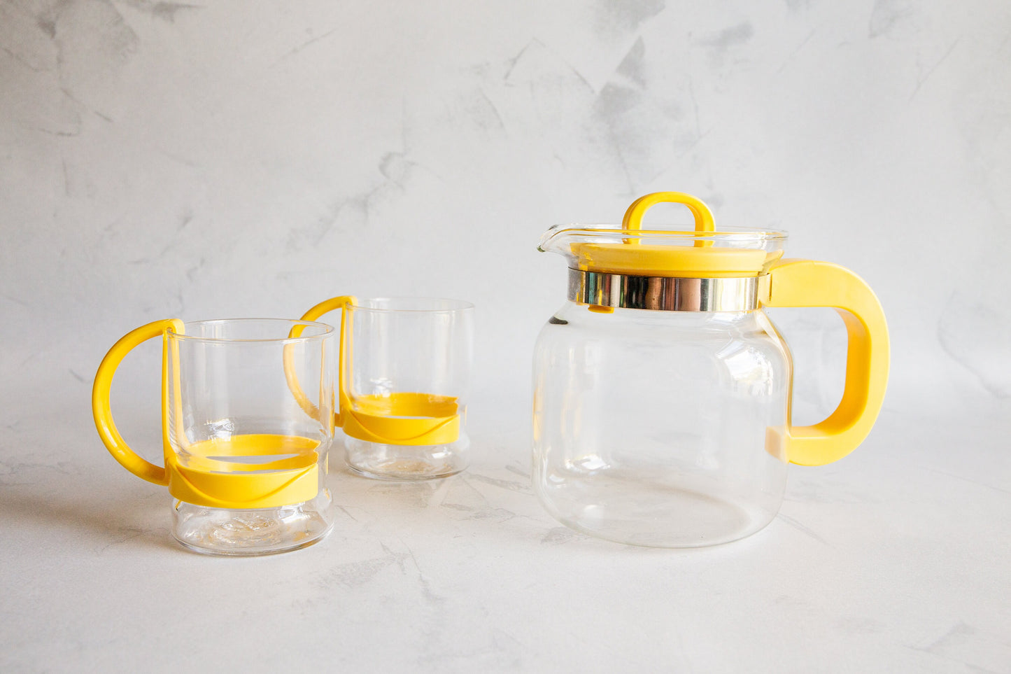 Vintage Yellow Coffee Pot And Cups, Randwyck Coffee Pot, Yellow Randwyck Teapot and Pair of Cups, Maastricht Randwyck Holland TeaPot Set