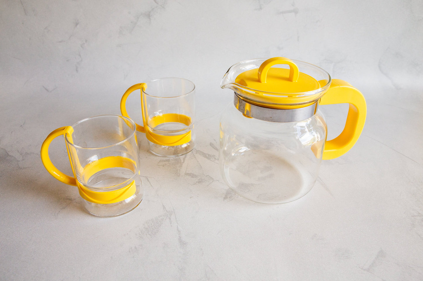 Vintage Yellow Coffee Pot And Cups, Randwyck Coffee Pot, Yellow Randwyck Teapot and Pair of Cups, Maastricht Randwyck Holland TeaPot Set