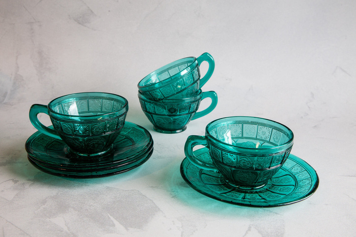 Vintage Jeannette Doric & Pansy Ultramarine Green/Blue Tea Cups Set