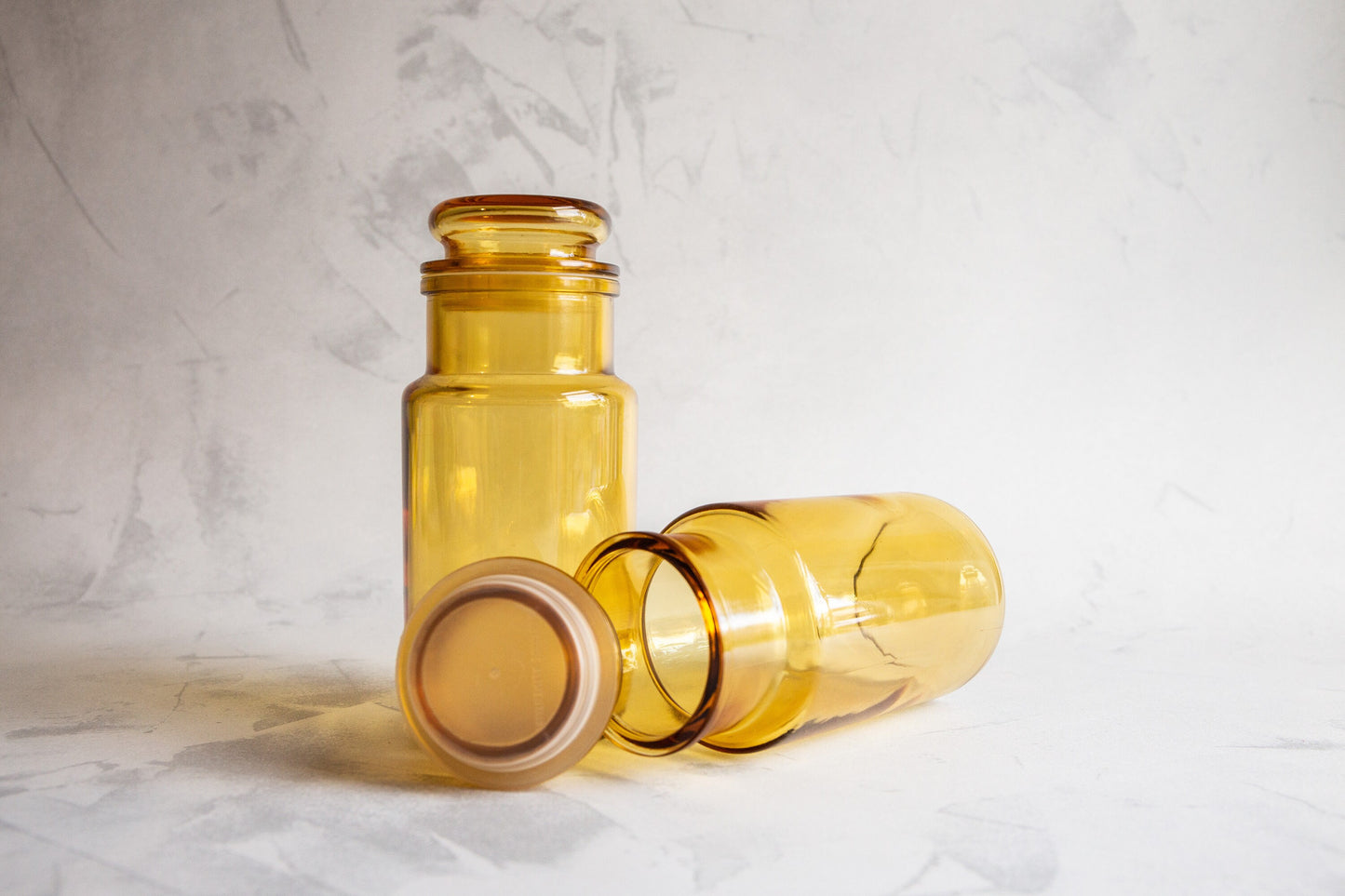 Pair of Vintage Amber Yellow Glass Jar Containers