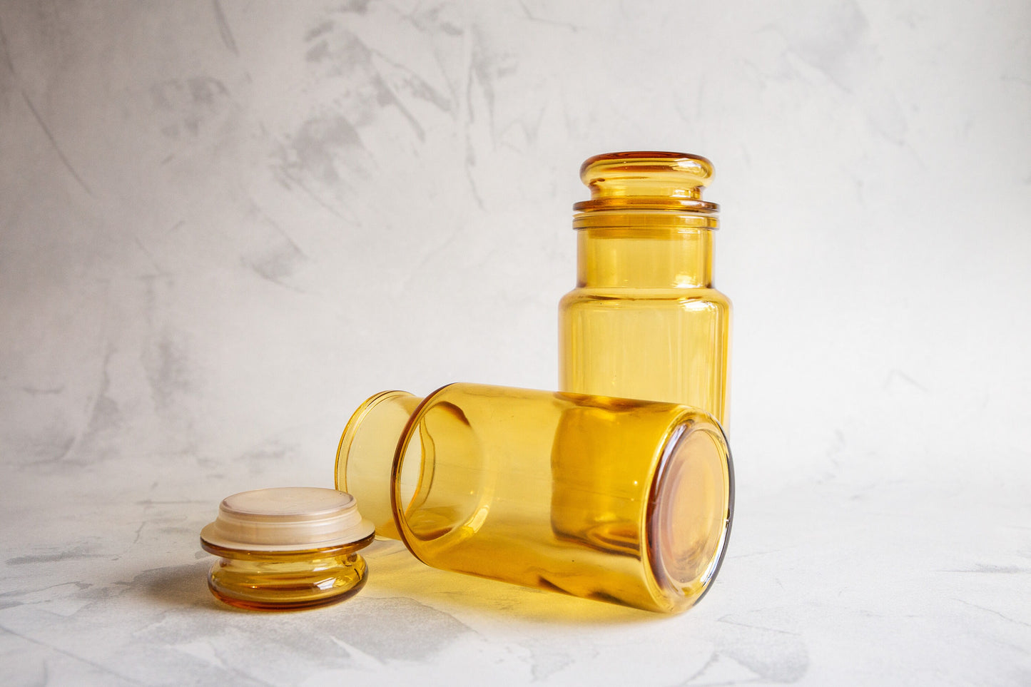 Pair of Vintage Amber Yellow Glass Jar Containers